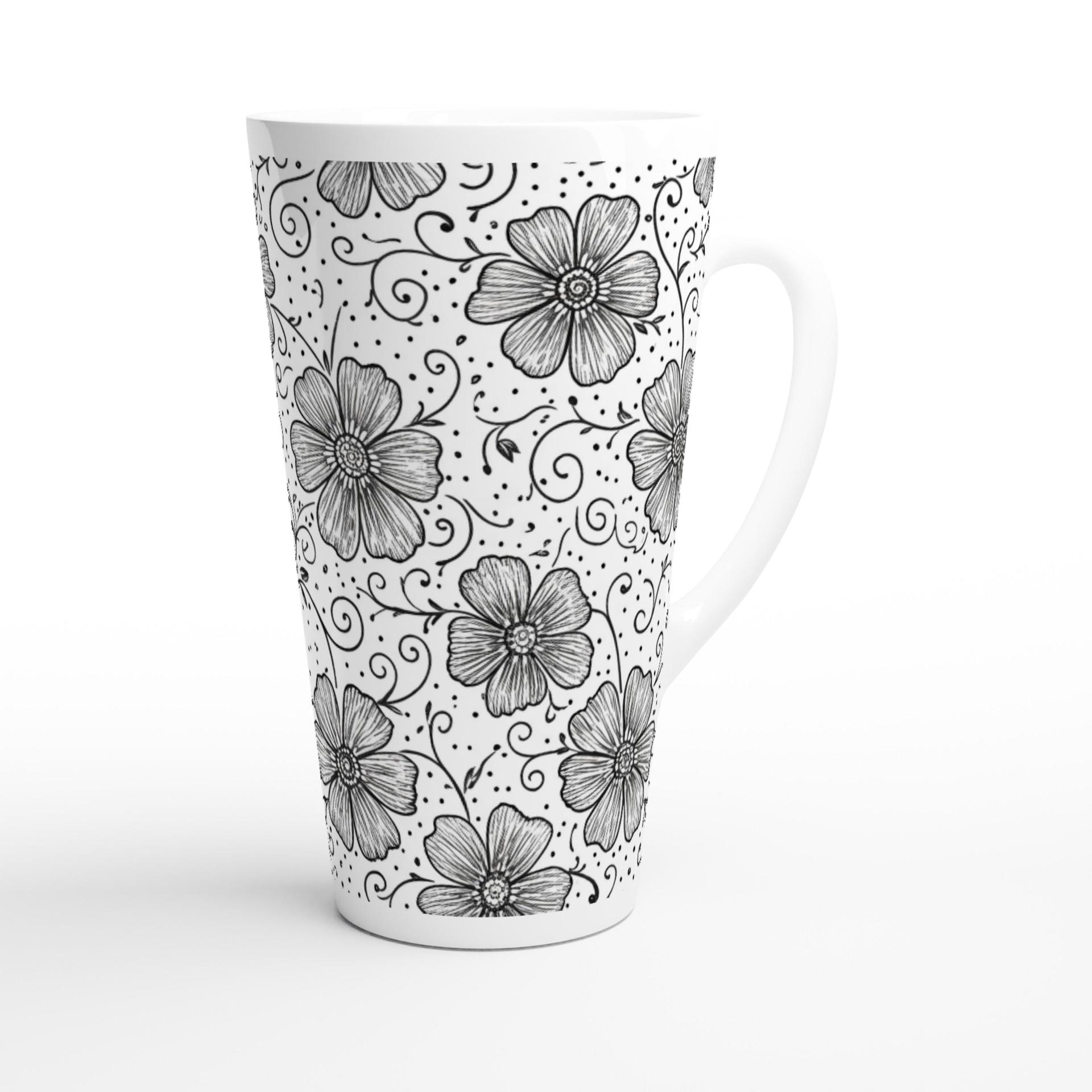 Set of 3 Cups, Floral, 17oz Latte Ceramic Mugs Set - Extra Tall Cup Set