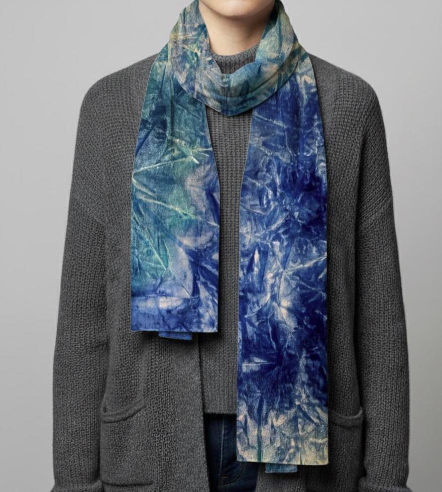 Tie Dye Velvet Scarf, Blue and Green, Aqua and Turquoise