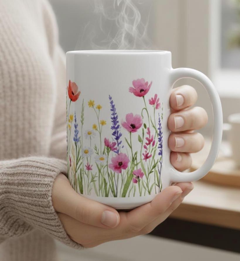 Set of Big Mugs, Floral Cup Set, 15 oz
