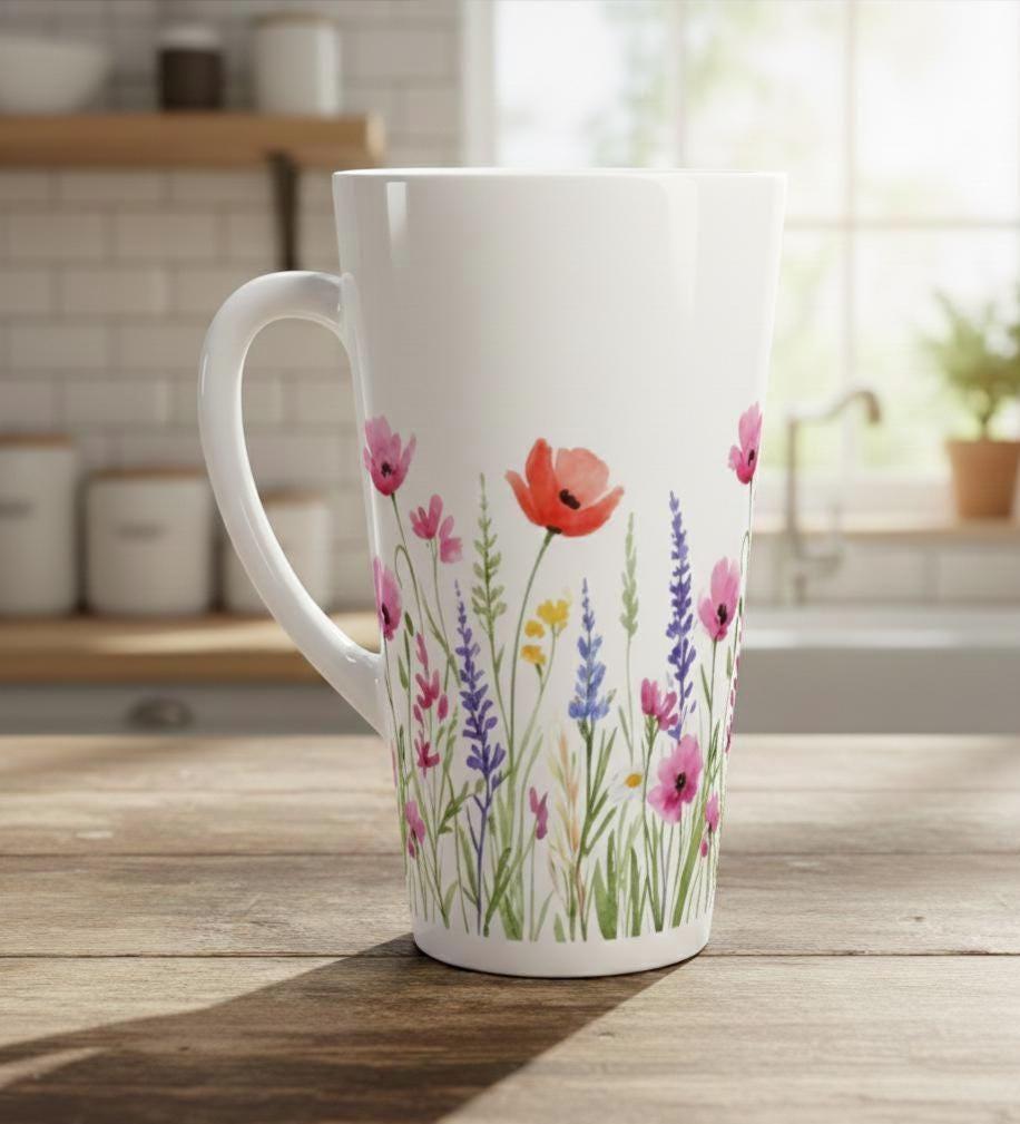 Set of Latte Mugs, Floral Cup Set, 17 oz