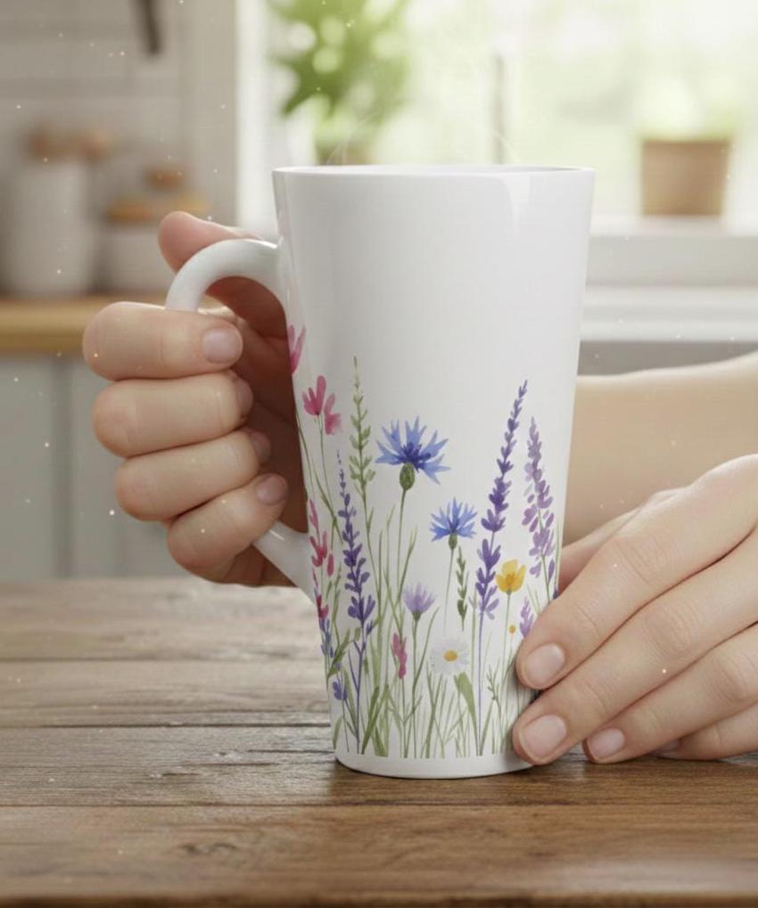 Set of Latte Mugs, Floral Cup Set, 17 oz