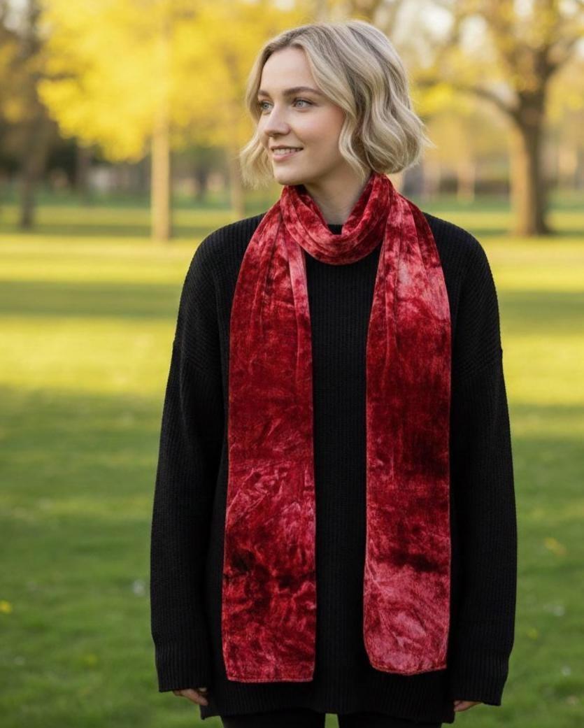 Tie Dye Velvet Scarf, Strawberry, Red and Pink Dyed Crushed Velvet