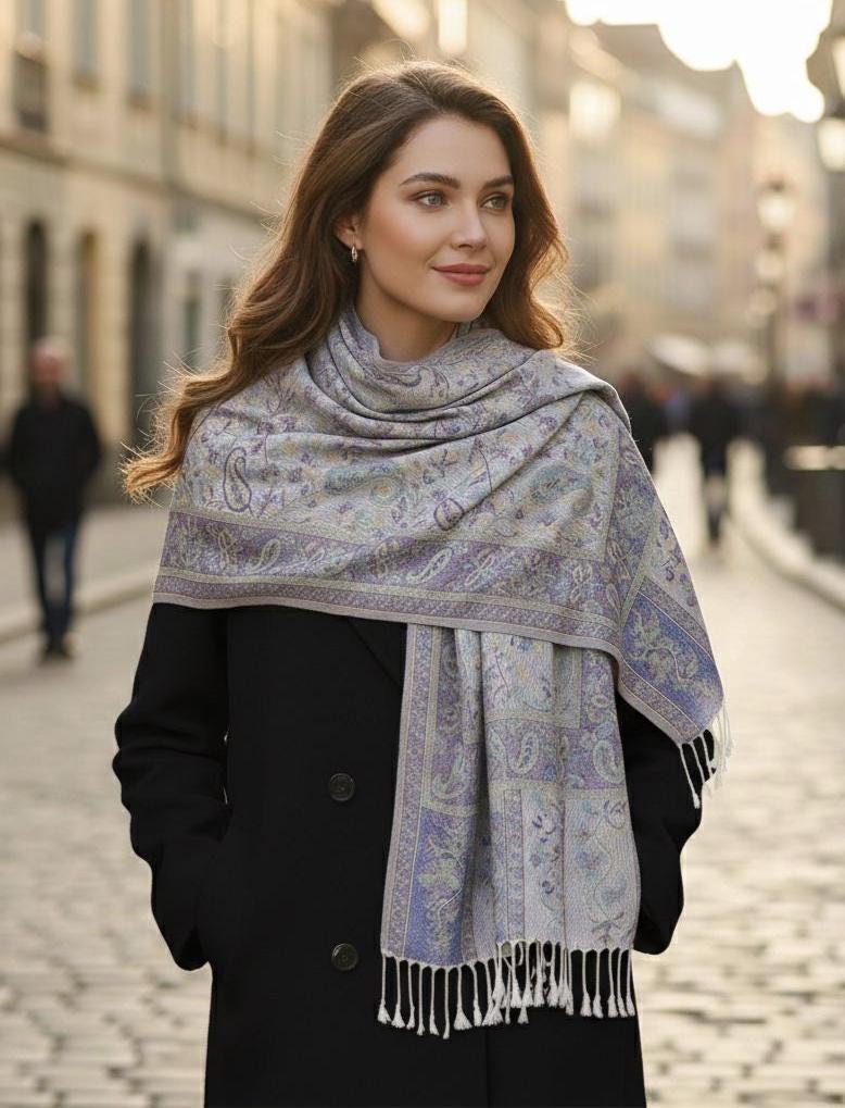 Soft Pashmina Shawl & Scarf for Women, Jacquard Brocade, Shawl, Sarong or Head Wraps
