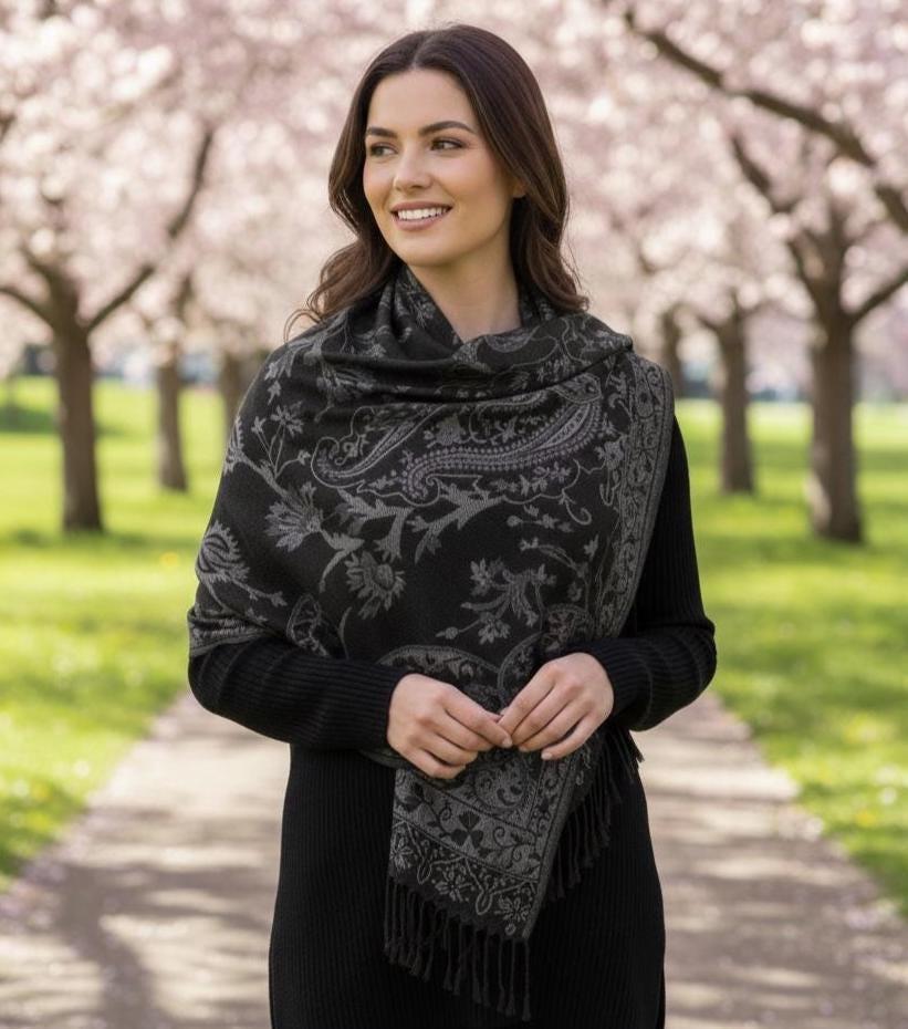 Reversible Soft Pashmina Shawl & Scarf for Women, Jacquard Brocade, Shawl, Sarong or Head Wraps