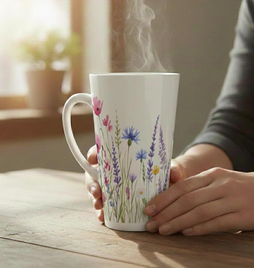 Set of Latte Mugs, Floral Cup Set, 17 oz