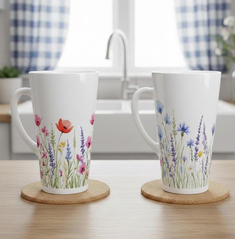 Set of Latte Mugs, Floral Cup Set, 17 oz