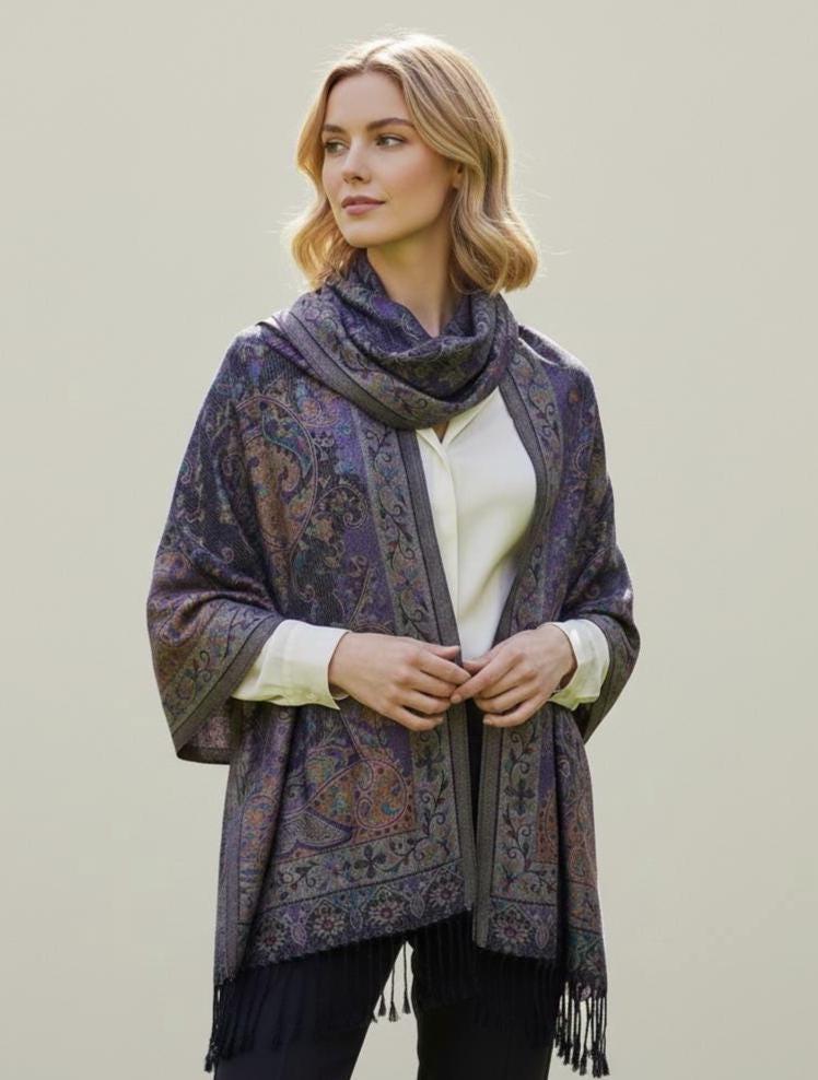 Reversible Soft Pashmina Shawl & Scarf for Women, Jacquard Brocade, Shawl, Sarong or Head Wraps