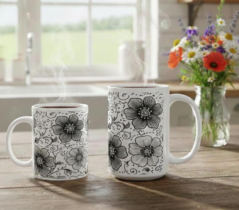 Floral Cups -  Large and Small Ceramic Mugs