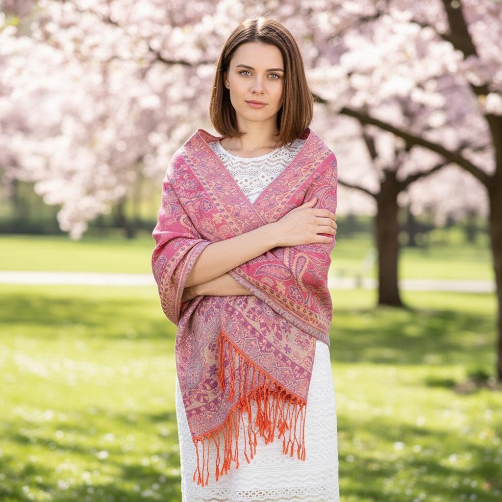 Soft Pashmina Shawl & Scarf for Women, Jacquard Brocade, Lightweight Blanket Shawl