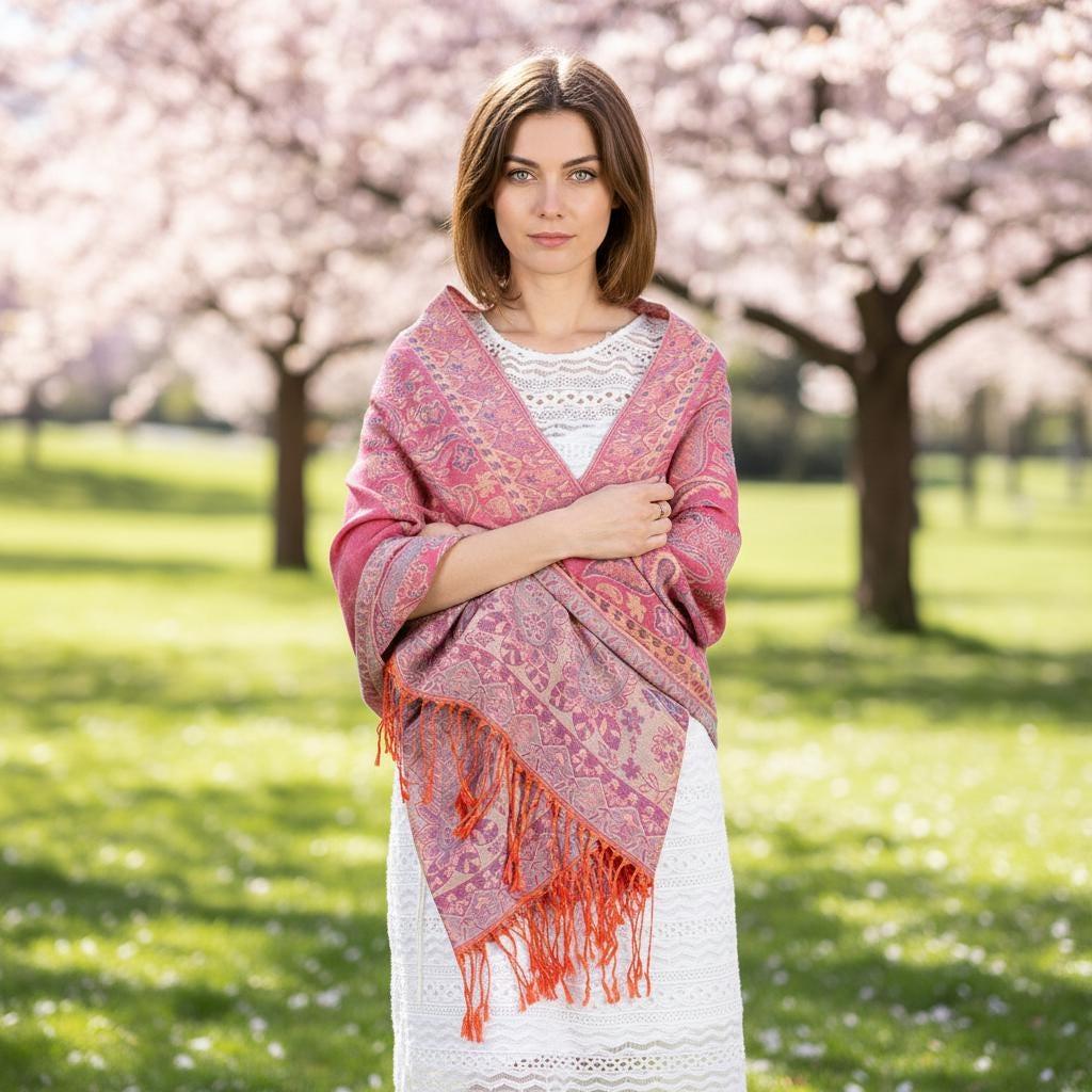 Soft Pashmina Shawl & Scarf for Women, Jacquard Brocade, Lightweight Blanket Shawl