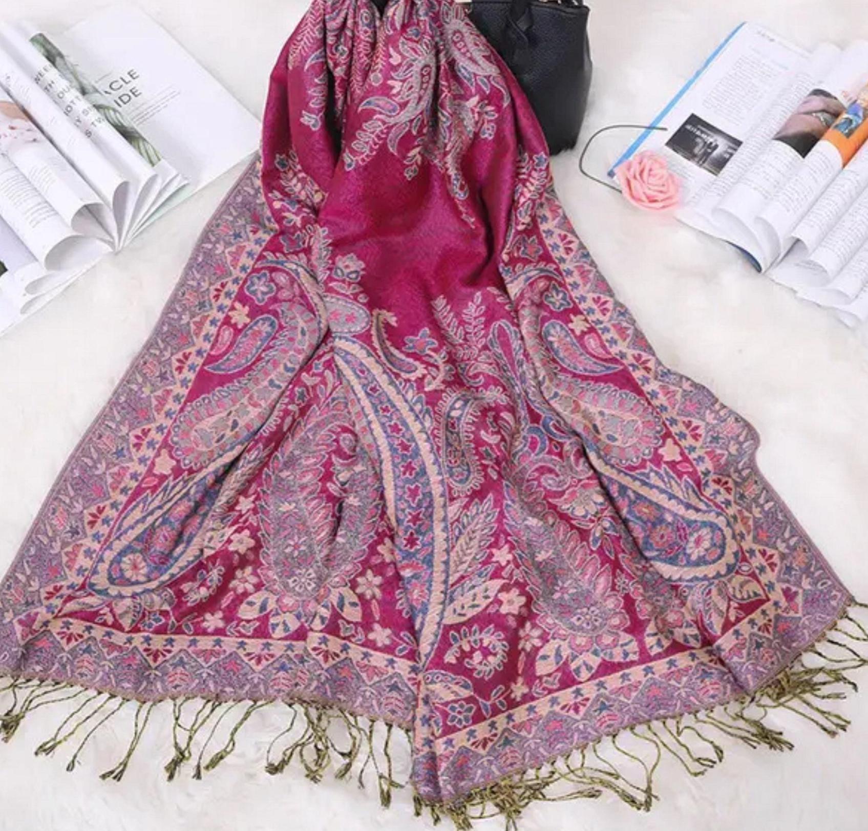 Reversible Soft Pashmina Shawl & Scarf for Women, Jacquard Brocade, Shawl, Sarong or Head Wraps