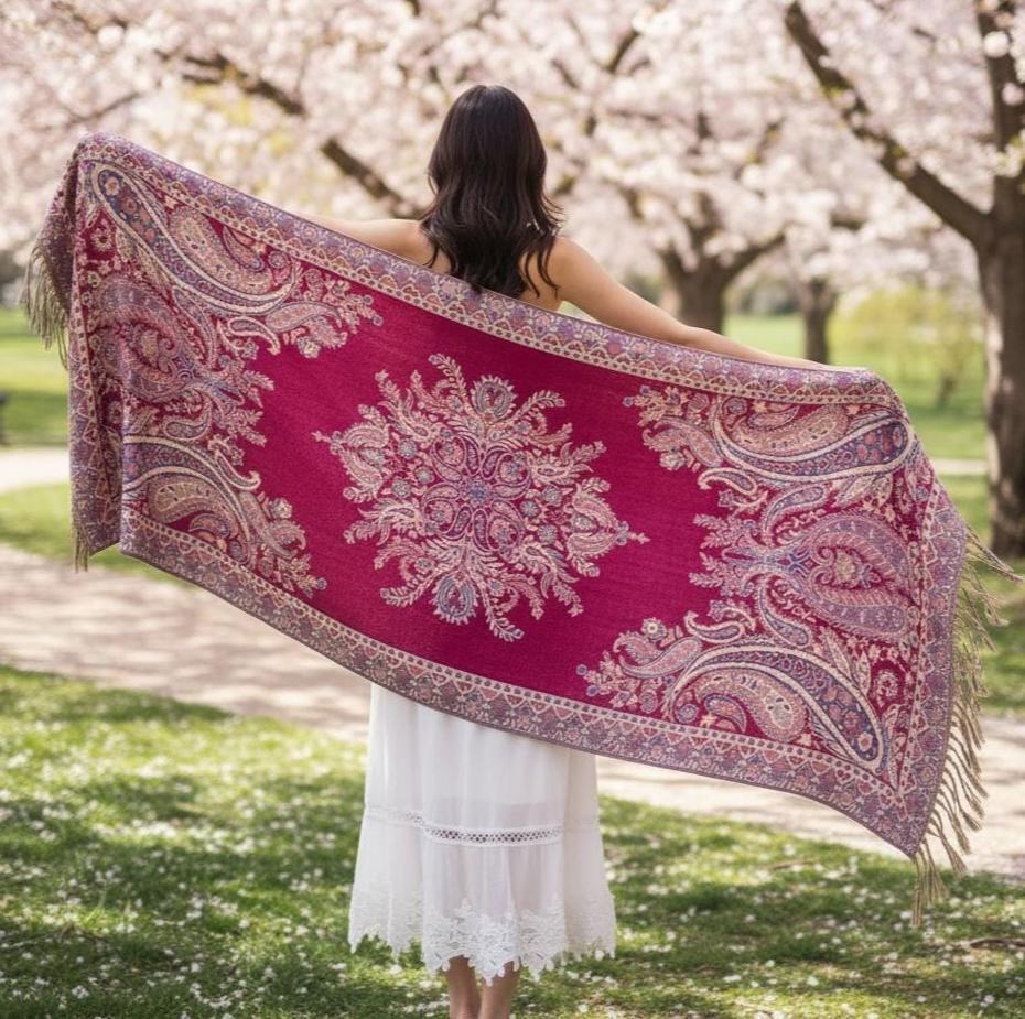 Reversible Soft Pashmina Shawl & Scarf for Women, Jacquard Brocade, Shawl, Sarong or Head Wraps