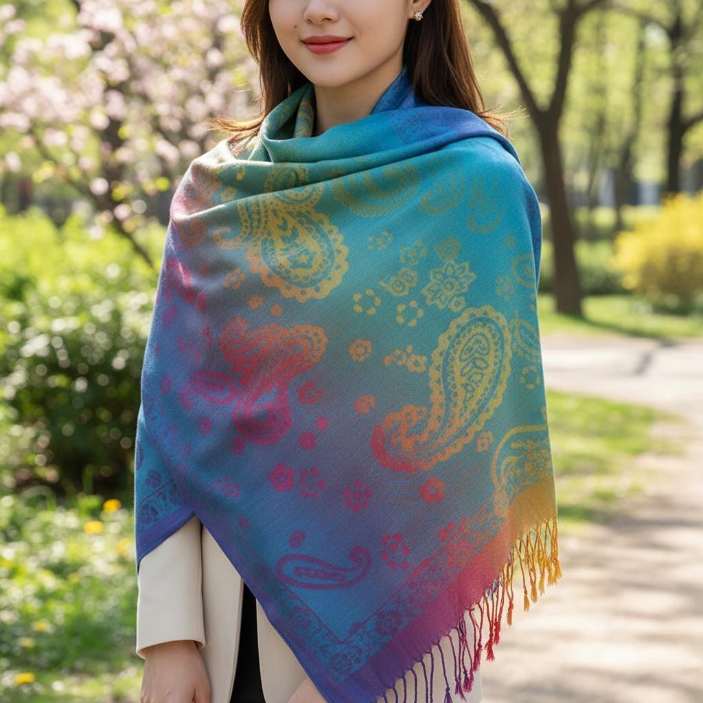 Rainbow Shawl, Soft Pashmina Shawl & Scarf for Women, Jacquard Brocade, Head Wraps