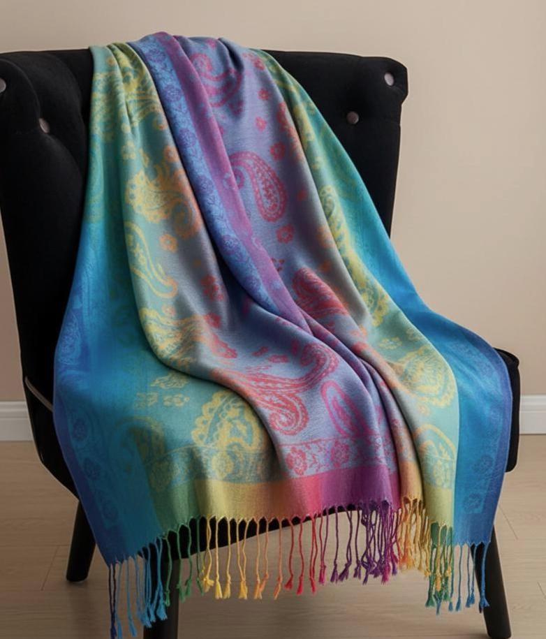 Rainbow Shawl, Soft Pashmina Shawl & Scarf for Women, Jacquard Brocade, Head Wraps