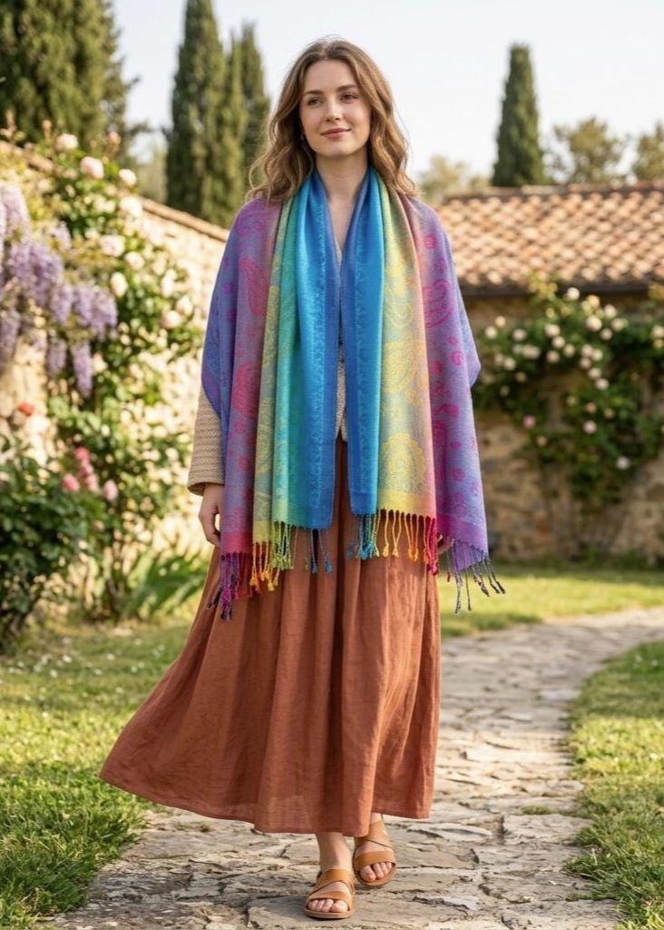 Rainbow Shawl, Soft Pashmina Shawl & Scarf for Women, Jacquard Brocade, Head Wraps