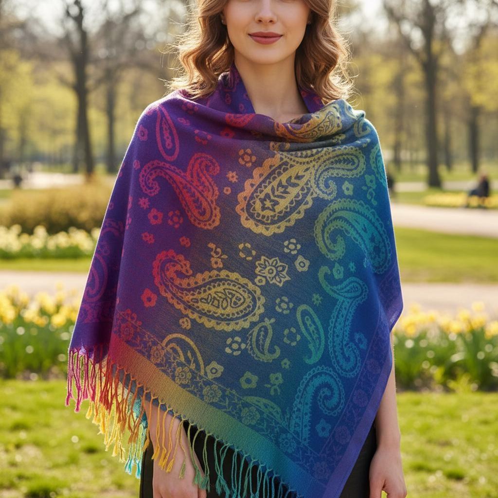 Rainbow Paisley Shawl, Woven Pashmina Wrap, Bohemian Scarf for Women