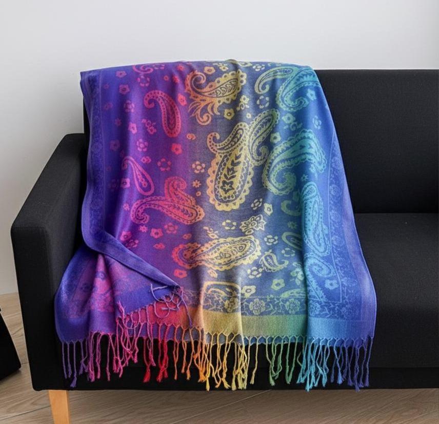 Rainbow Paisley Shawl, Woven Pashmina Wrap, Bohemian Scarf for Women