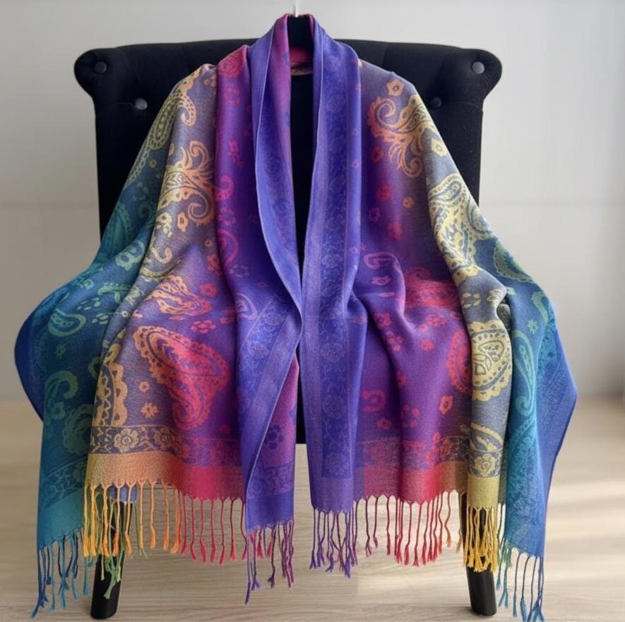 Rainbow Paisley Shawl, Woven Pashmina Wrap, Bohemian Scarf for Women