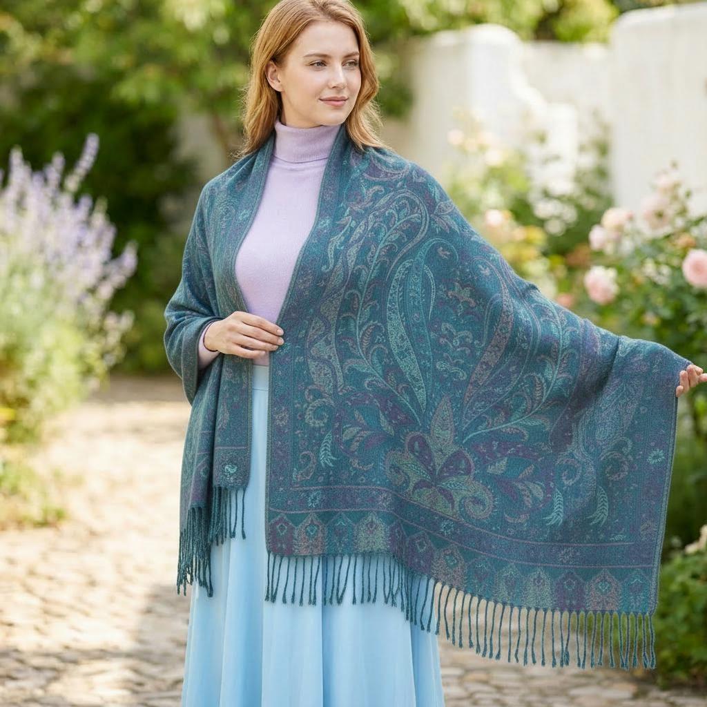 Reversible Soft Pashmina Shawl & Scarf for Women, Jacquard Brocade, Shawl, Sarong or Head Wraps