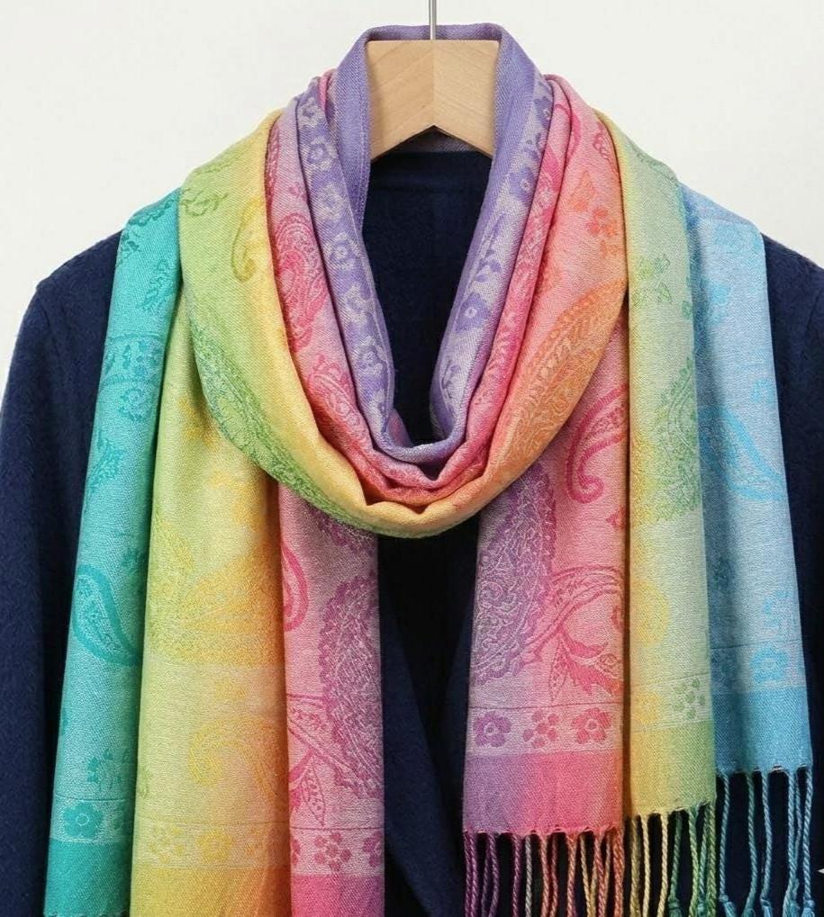 Rainbow Shawl, Soft Pashmina Shawl & Scarf for Women, Jacquard Brocade, Head Wraps