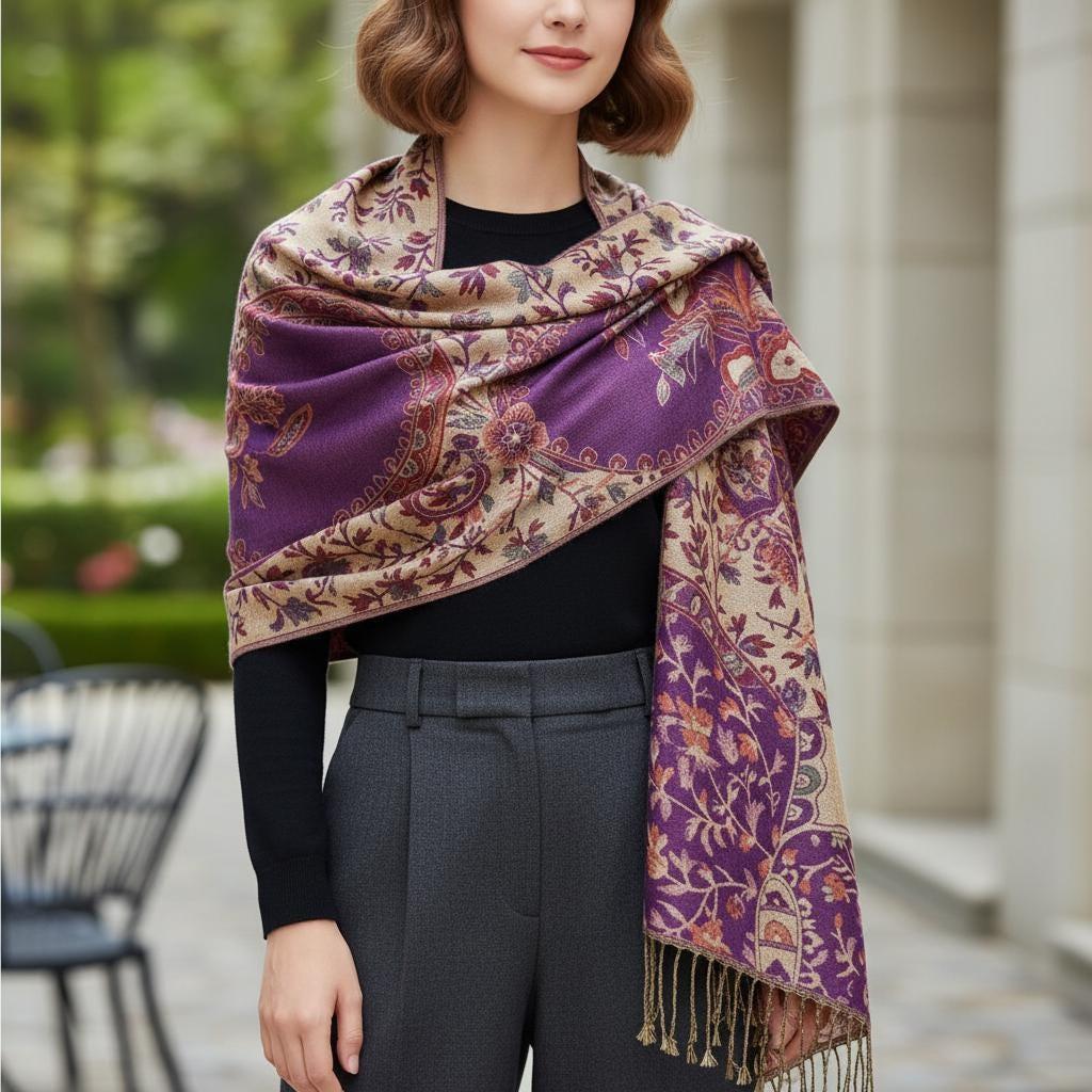 Shiny Pashmina Shawl & Scarf for Women, Jacquard Brocade, Head Wraps