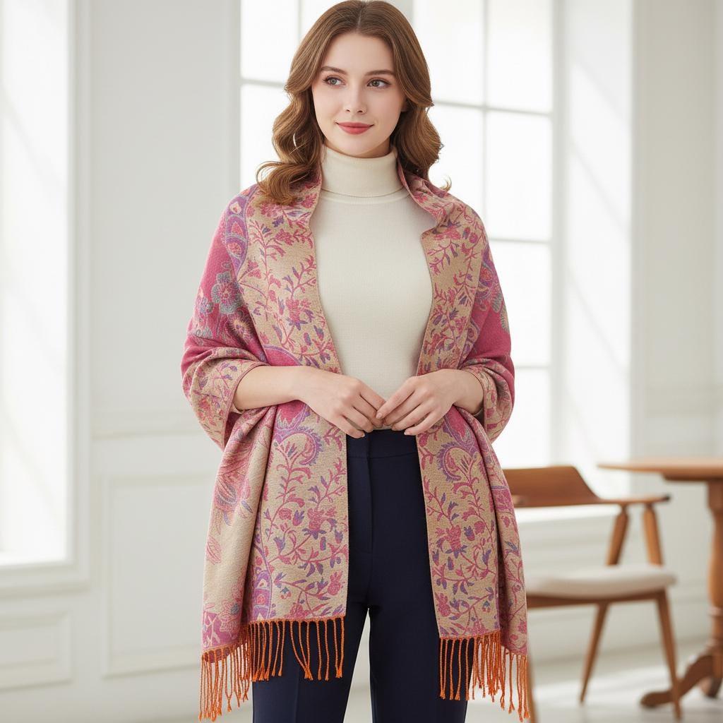 Shiny Soft Pashmina Shawl & Scarf for Women, Jacquard Brocade, Head Wraps