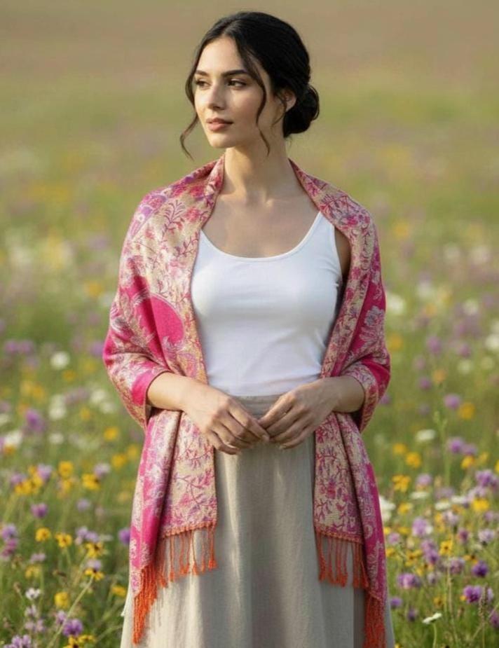 Shiny Pashmina Shawl & Scarf for Women, Jacquard Brocade, Head Wraps