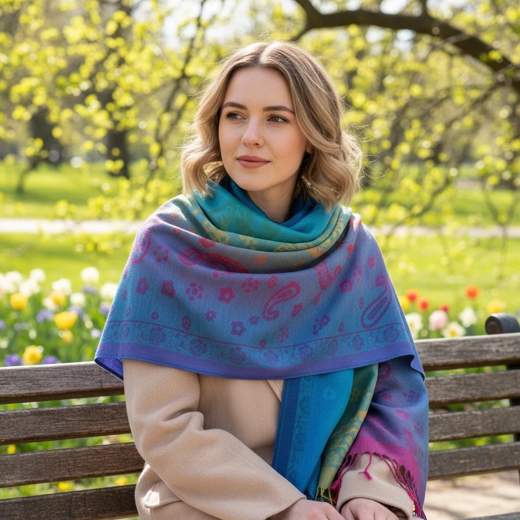 Rainbow Shawl, Soft Pashmina Shawl & Scarf for Women, Jacquard Brocade, Head Wraps