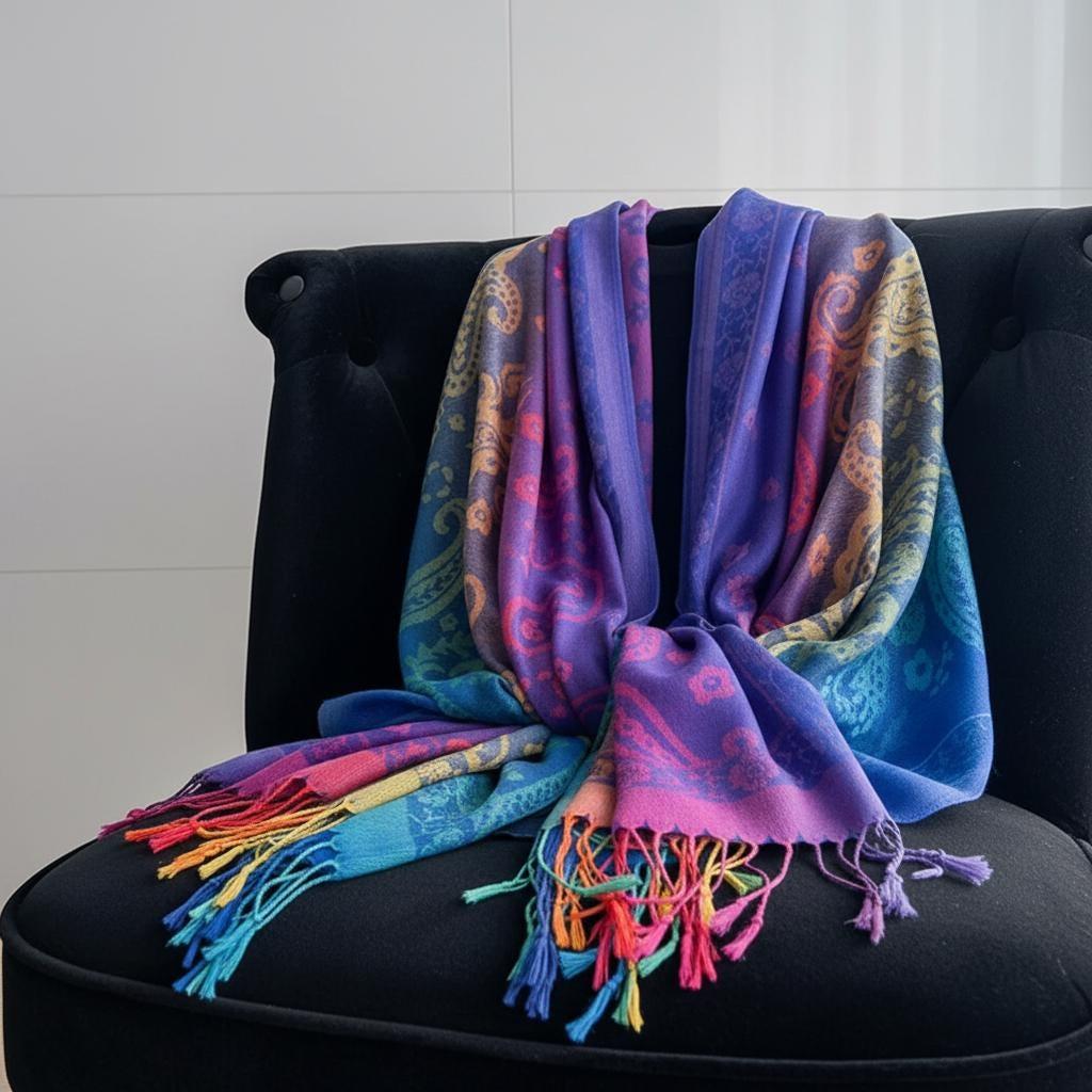 Rainbow Paisley Shawl, Woven Pashmina Wrap, Bohemian Scarf for Women