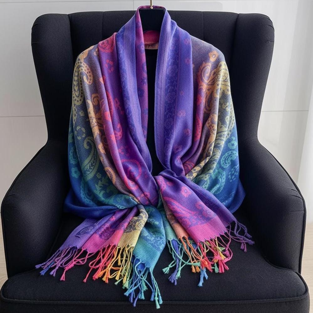 Rainbow Paisley Shawl, Woven Pashmina Wrap, Bohemian Scarf for Women