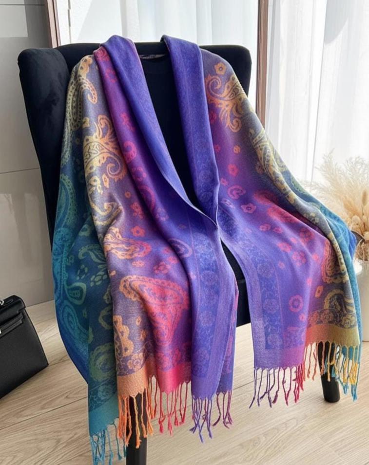 Rainbow Paisley Shawl, Woven Pashmina Wrap, Bohemian Scarf for Women
