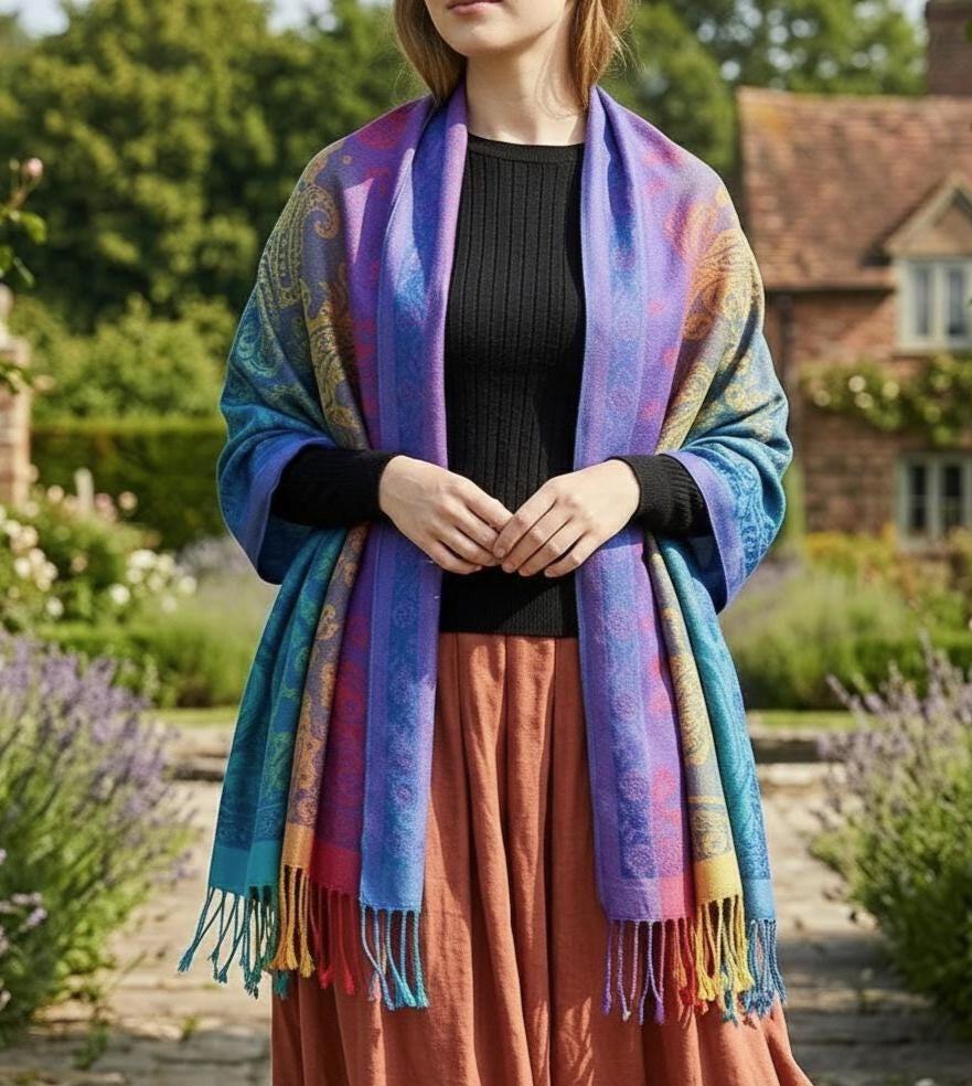 Rainbow Paisley Shawl, Woven Pashmina Wrap, Bohemian Scarf for Women