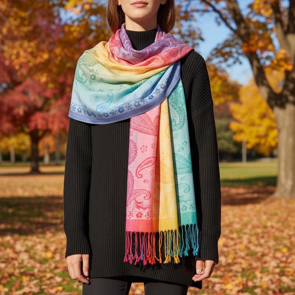 Rainbow Shawl, Soft Pashmina Shawl & Scarf for Women, Jacquard Brocade, Head Wraps