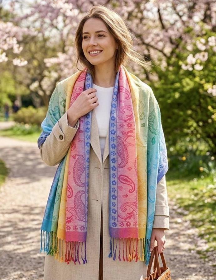 Rainbow Shawl, Soft Pashmina Shawl & Scarf for Women, Jacquard Brocade, Head Wraps