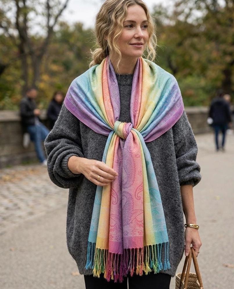 Rainbow Shawl, Soft Pashmina Shawl & Scarf for Women, Jacquard Brocade, Head Wraps