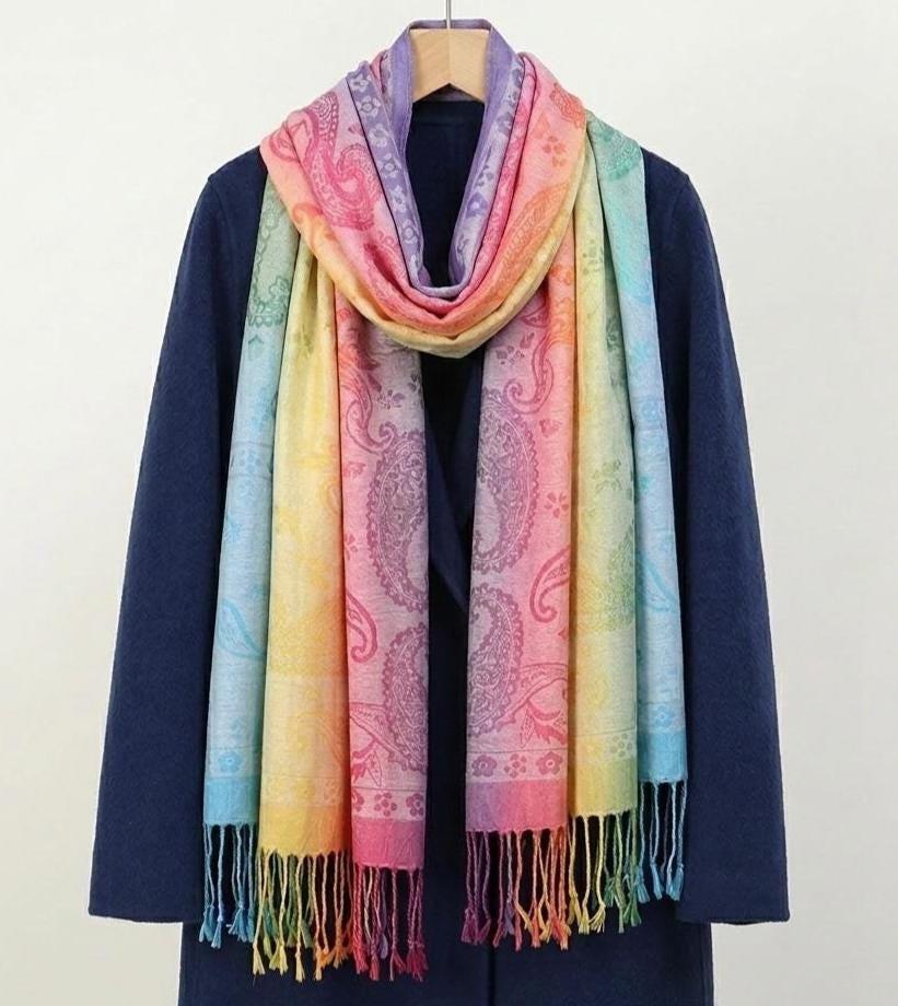 Rainbow Shawl, Soft Pashmina Shawl & Scarf for Women, Jacquard Brocade, Head Wraps