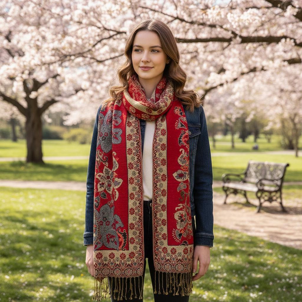 Red and Gold Pashmina Shawl & Scarf for Women, Jacquard Brocade, Stole or Wrap