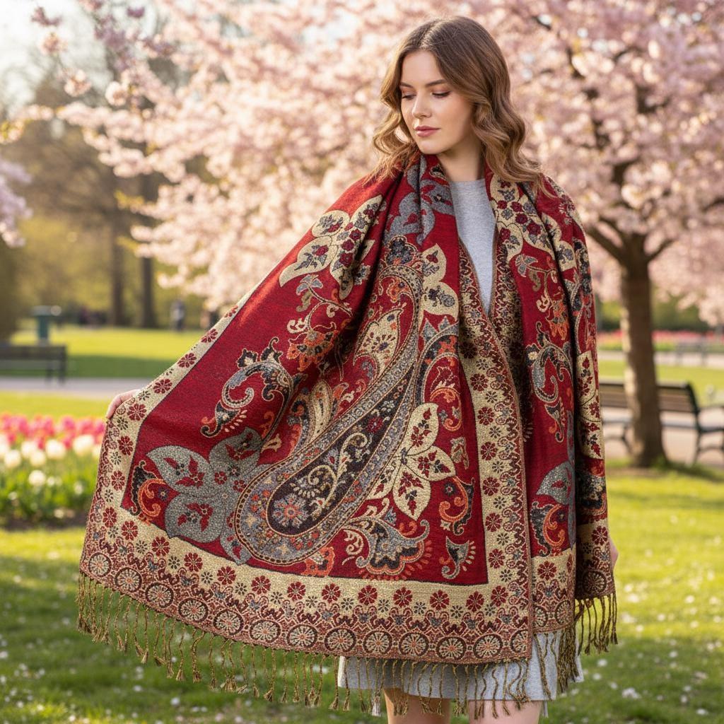 Red and Gold Pashmina Shawl & Scarf for Women, Jacquard Brocade, Stole or Wrap