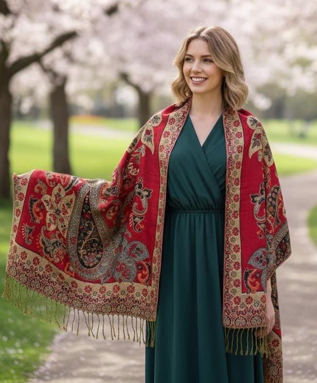 Red and Gold Pashmina Shawl & Scarf for Women, Jacquard Brocade, Stole or Wrap