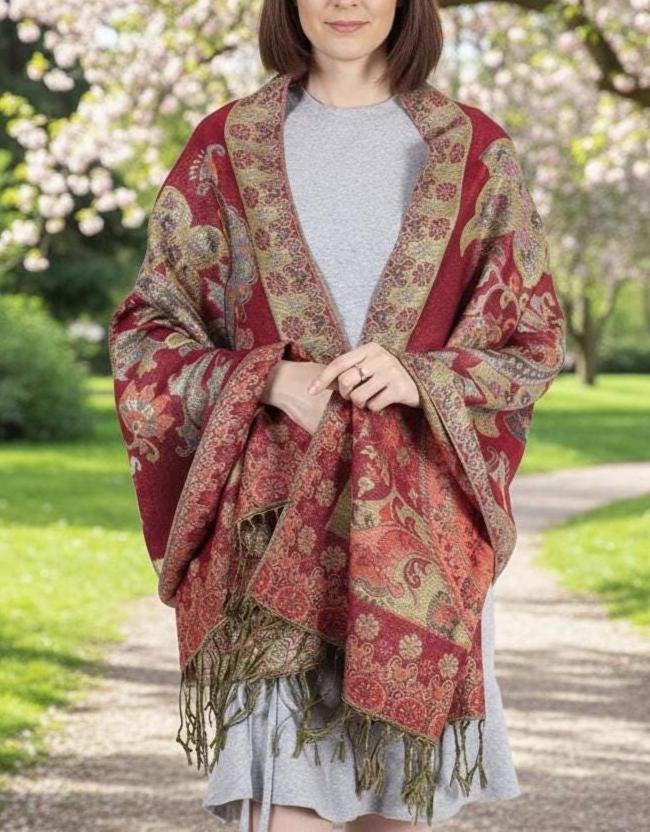 Red and Gold Pashmina Shawl & Scarf for Women, Jacquard Brocade, Stole or Wrap