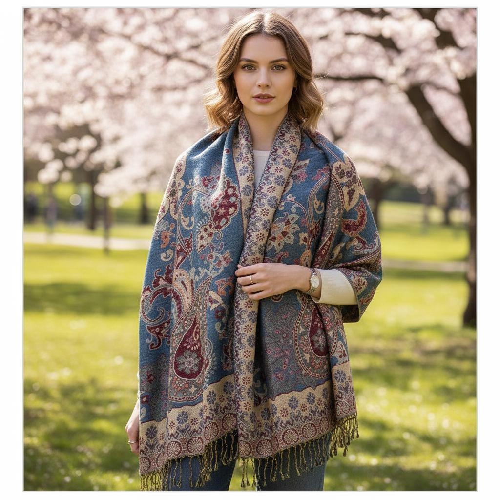 Aqua and Gold Pashmina Shawl & Scarf for Women, Jacquard Brocade, Shawl or Wrap