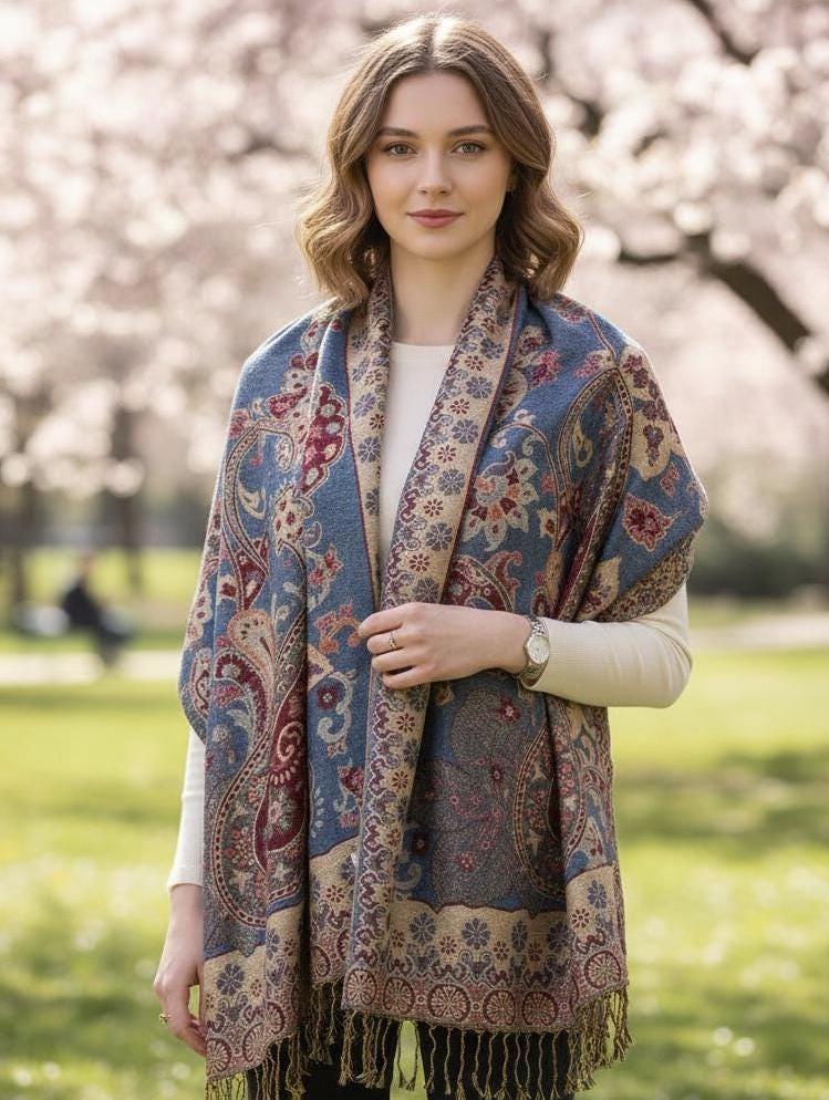 Aqua and Gold Pashmina Shawl & Scarf for Women, Jacquard Brocade, Shawl or Wrap