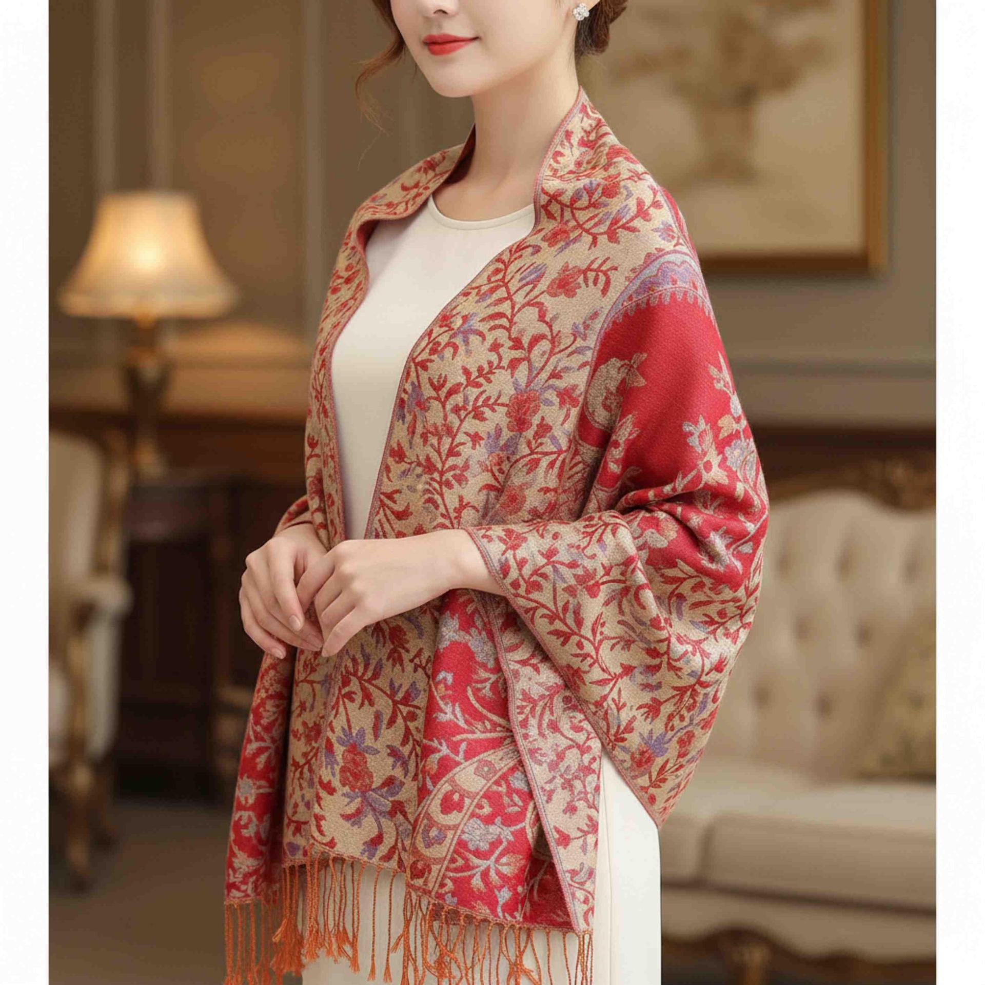 Red and Gold Pashmina Shawl & Scarf for Women, Jacquard Brocade, Stole or Wrap