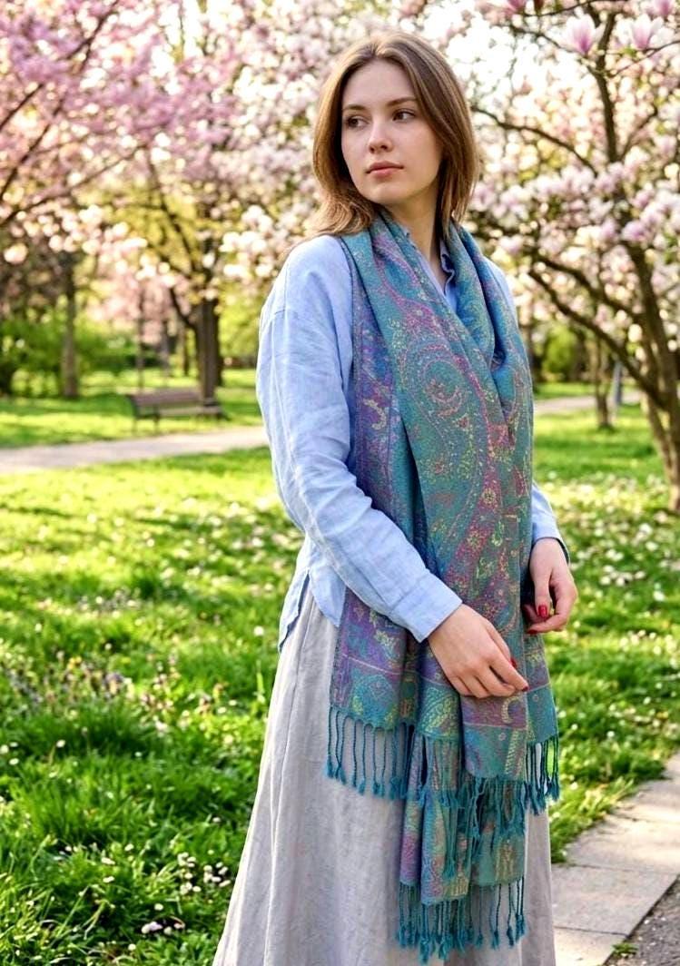 Reversible Soft Pashmina Shawl & Scarf for Women, Jacquard Brocade, Shawl, Sarong or Head Wraps