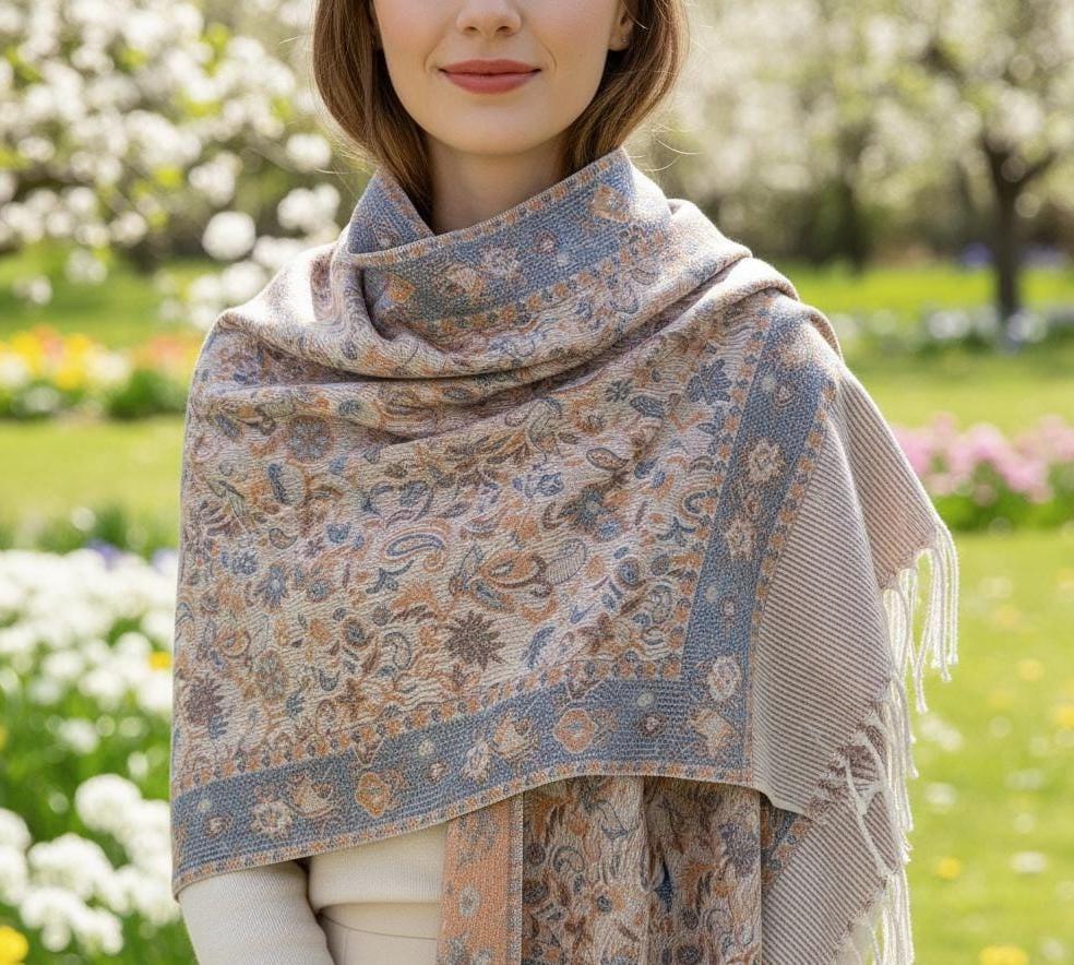 Thick Pashmina Shawl & Scarf for Women, Jacquard Brocade, Blanket Shawl, Wrap
