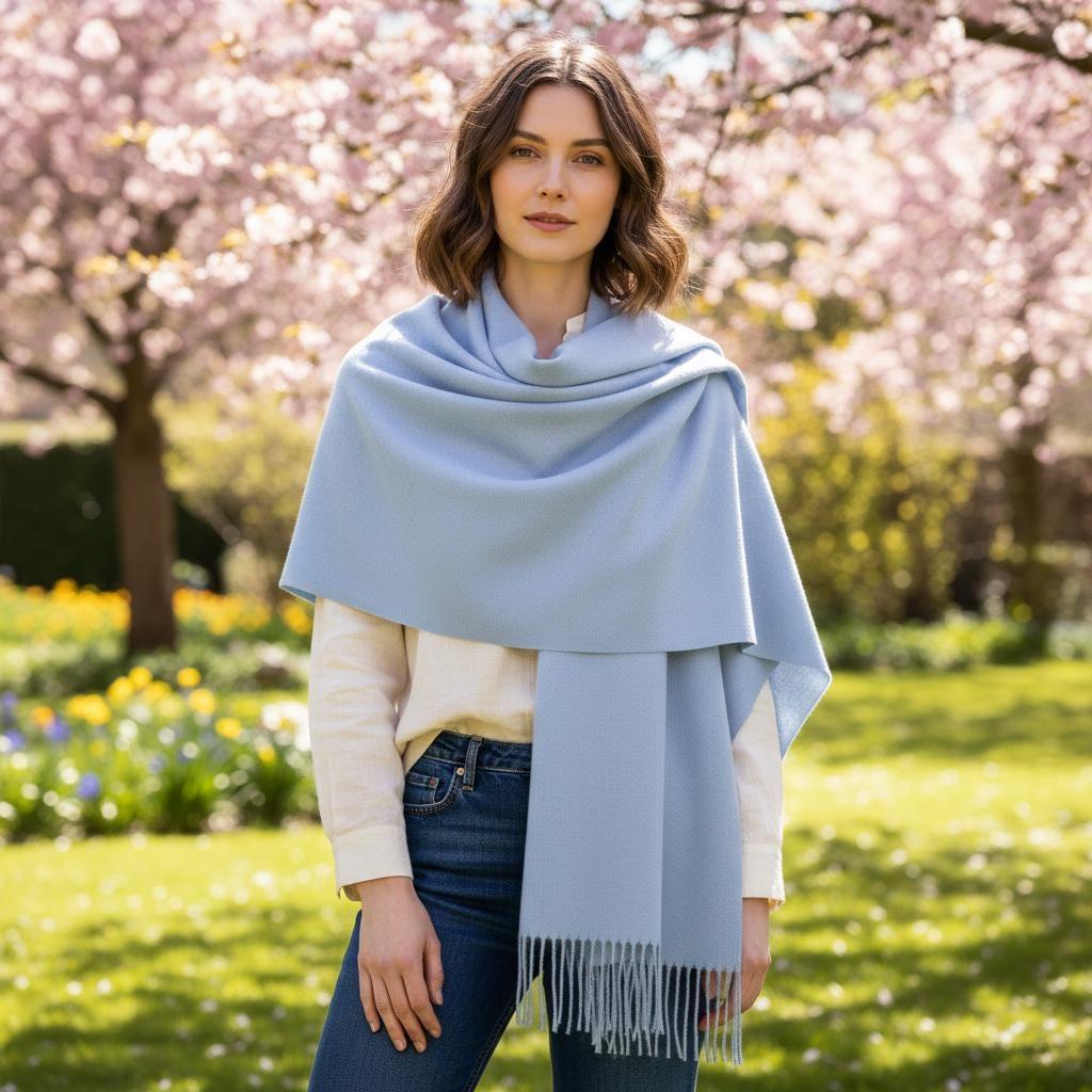 Light Blue Pashmina, Blanket Shawl - Lightweight Wide Scarf and Wrap