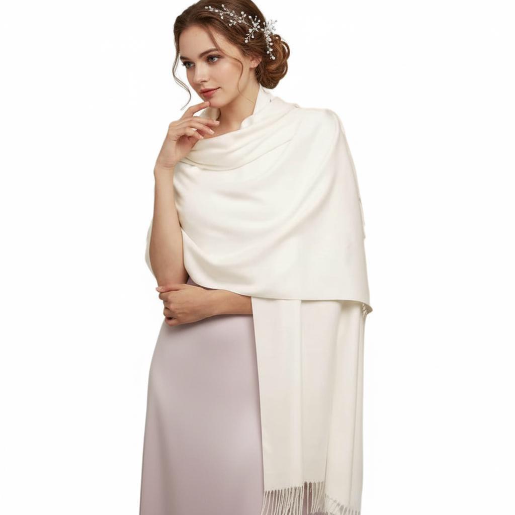 Creamy White Pashmina, Blanket Shawl - Lightweight Wide Scarf and Wrap
