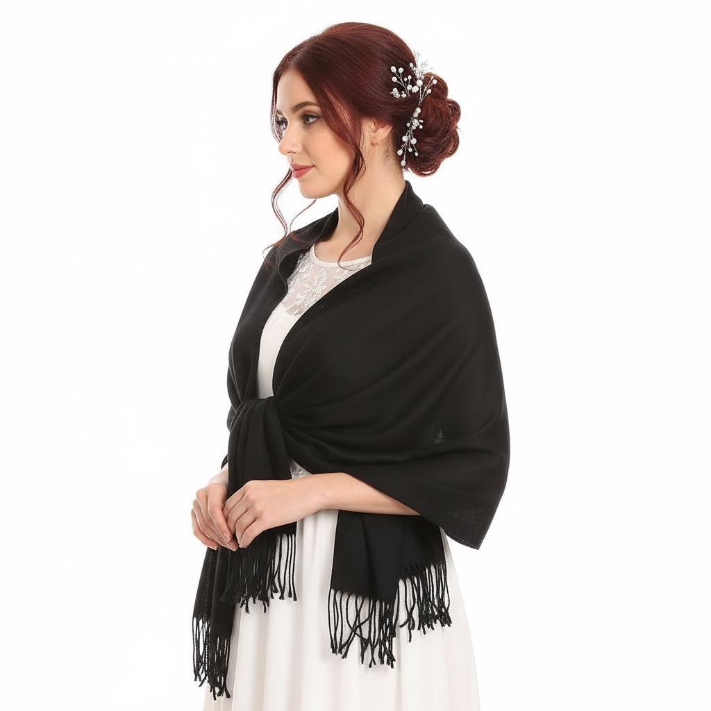 Black Pashmina, Blanket Shawl - Lightweight Wide Scarf and Wrap
