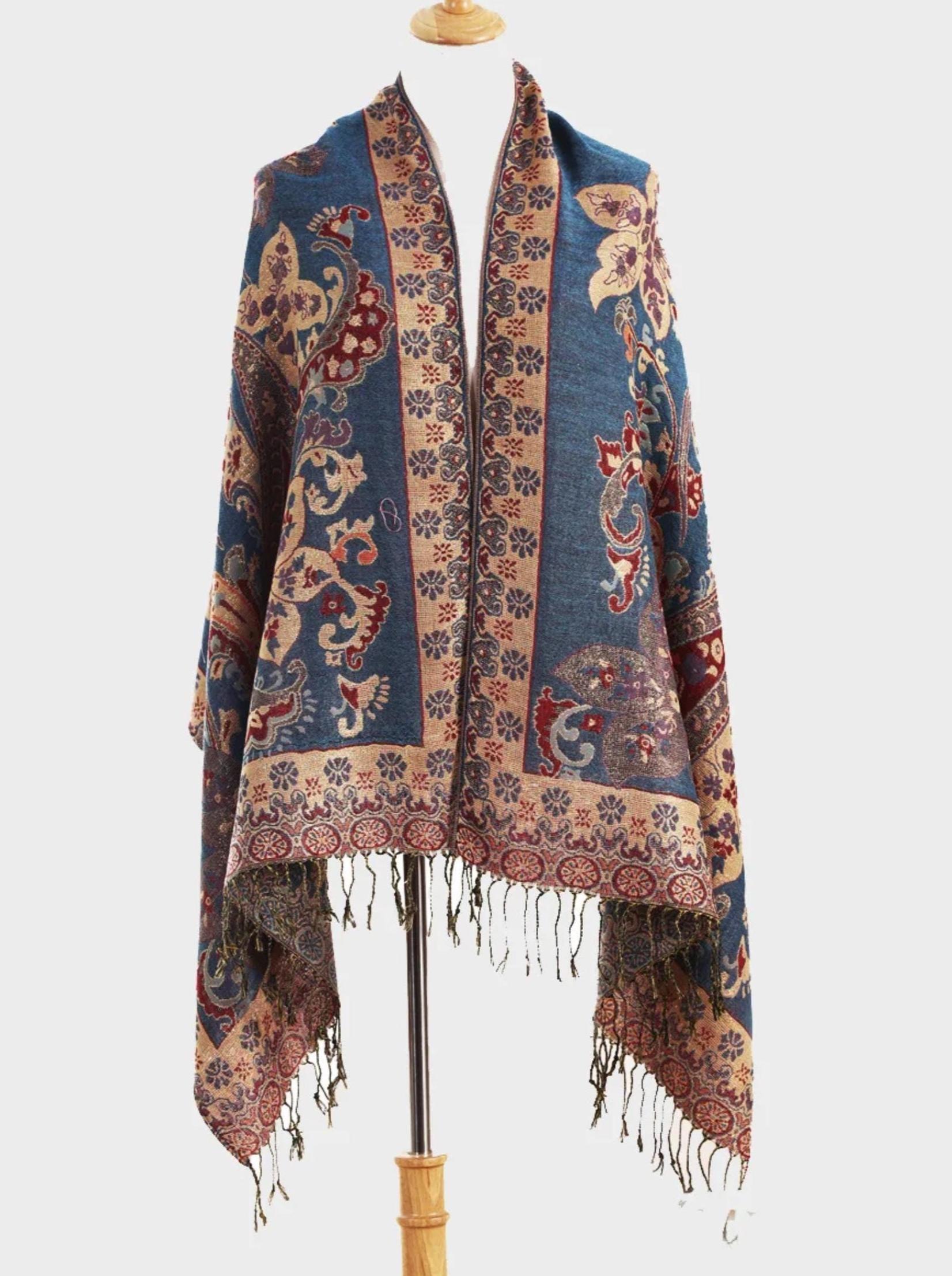 Aqua and Gold Pashmina Shawl & Scarf for Women, Jacquard Brocade, Shawl or Wrap