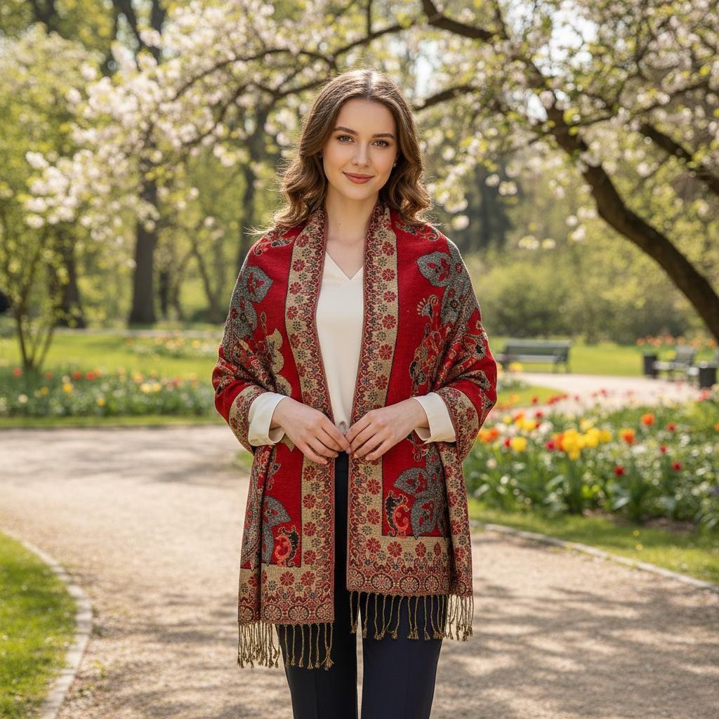 Red and Gold Pashmina Shawl & Scarf for Women, Jacquard Brocade, Stole or Wrap